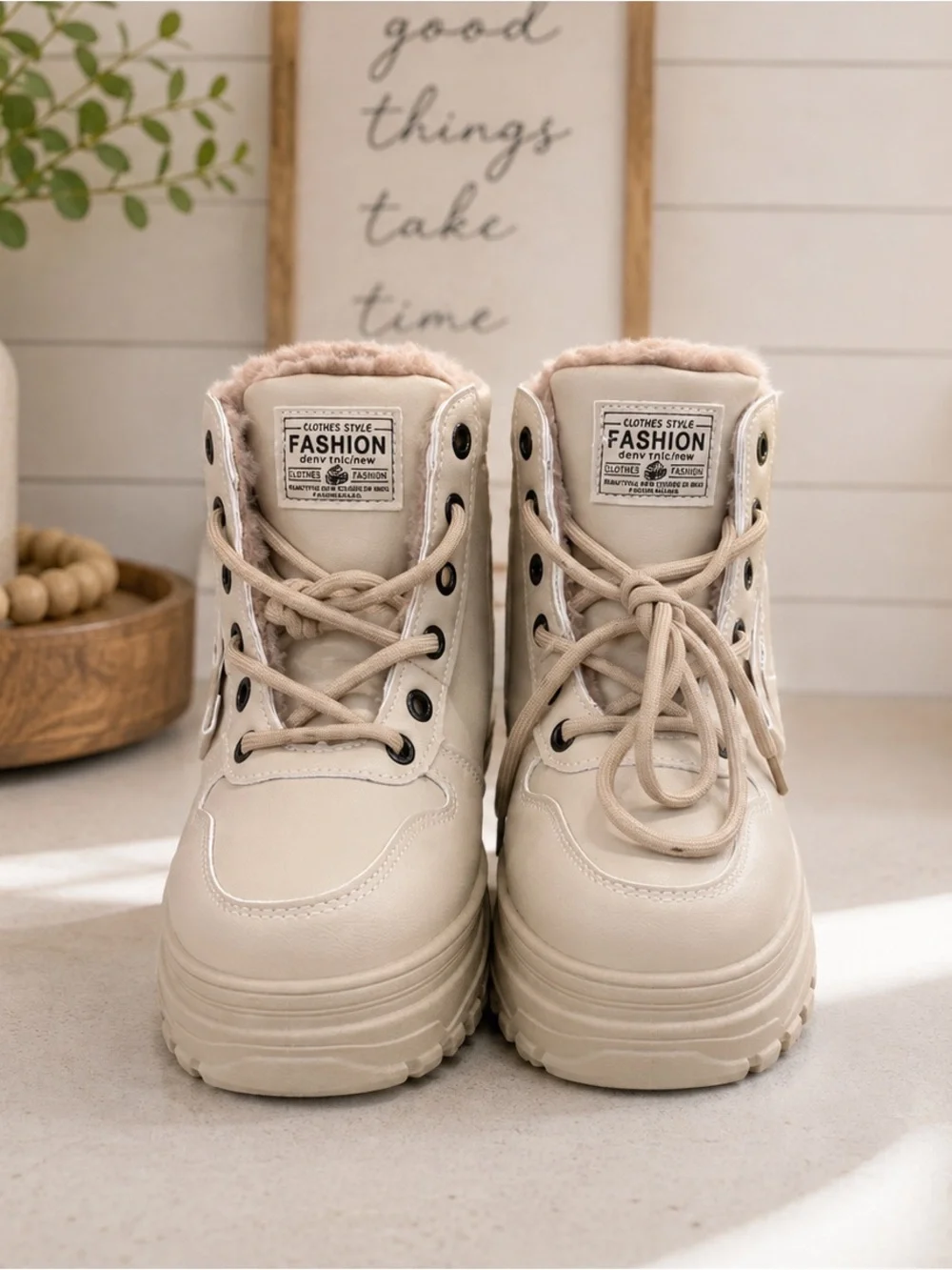 NWT Beige Platform Snow Boots Women’s Size 6/6.5 Faux Fur Waterproof Lace-Up